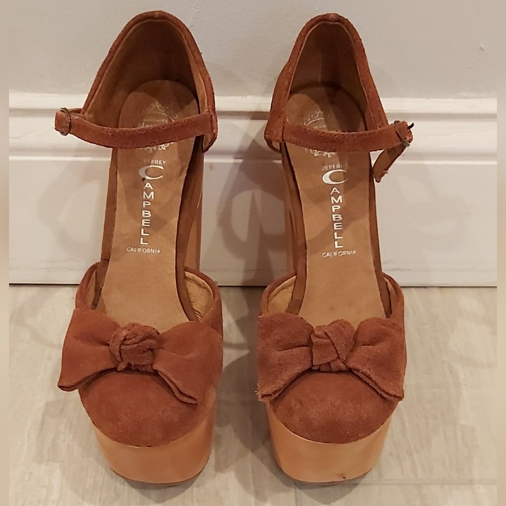 Jeffrey Campbell Camel Suede Annabella Wooden Platform Heels Size 7.5 Shoes